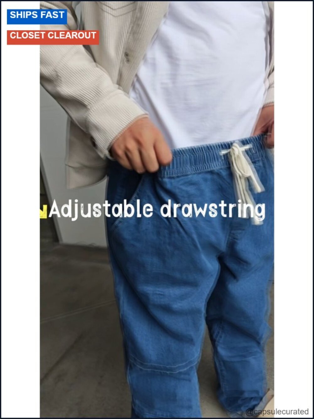 Men's Baggy Jeans Elastic Waisted Denim Joggers Plus Size Drawstring Pull On - Picture 6 of 6